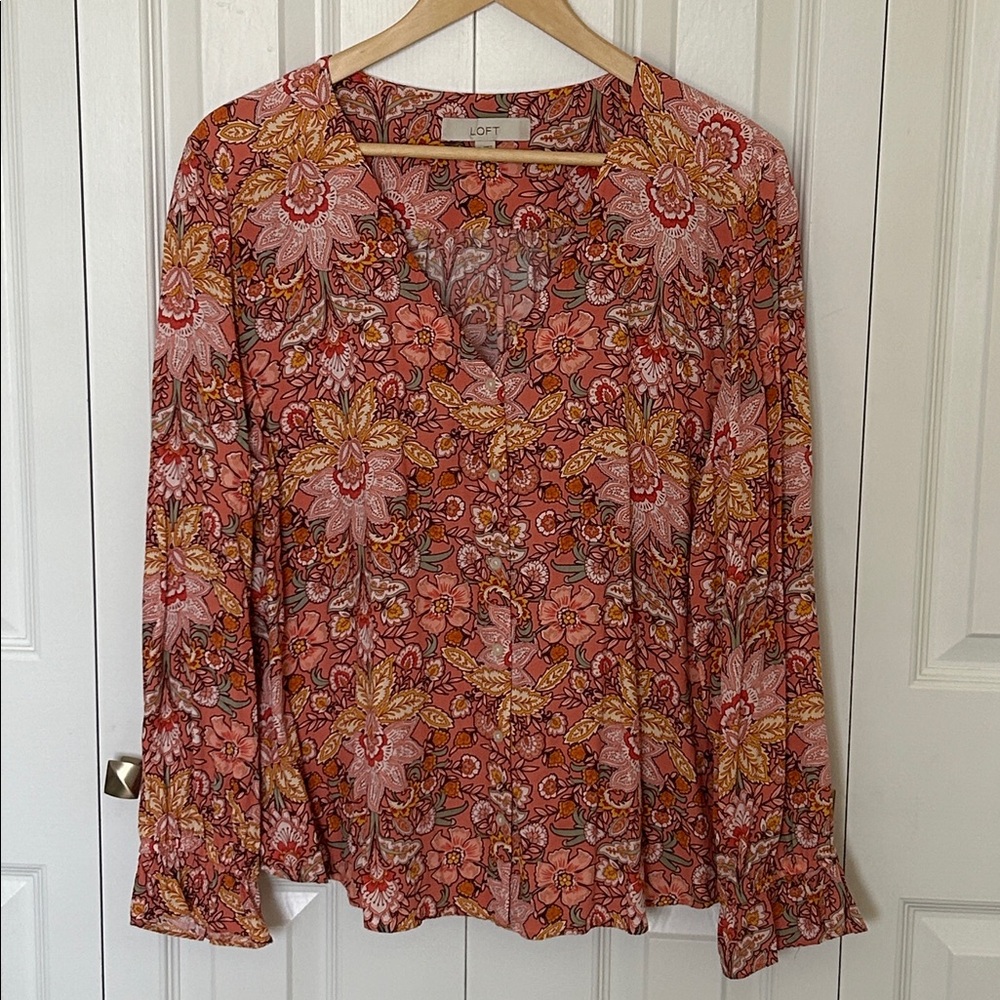 LOFT Floral Button Font Blouse Sz XL